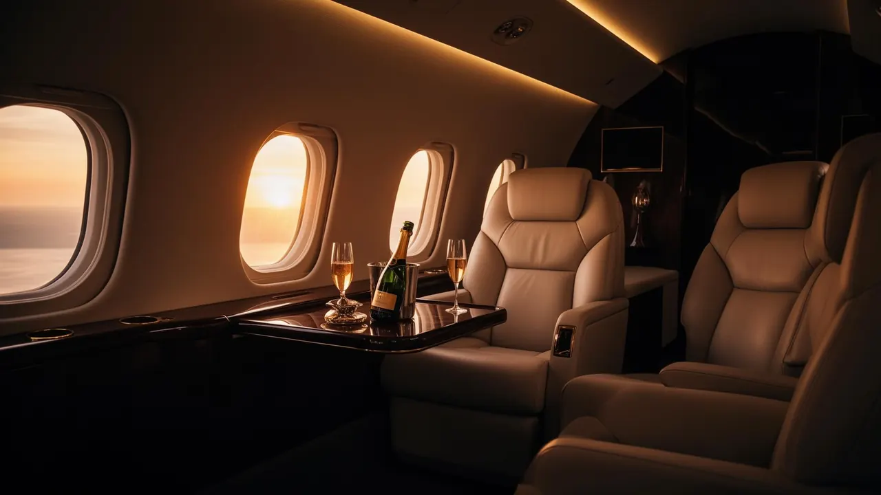 Private jet interior at golden hour